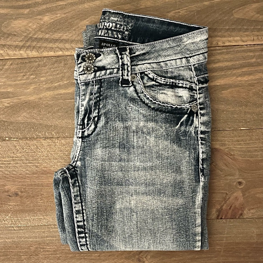 Apollo Stonewashed Embroidered Light Blue Denim Skinny Stretch Jeans Sz 3/4 EUC